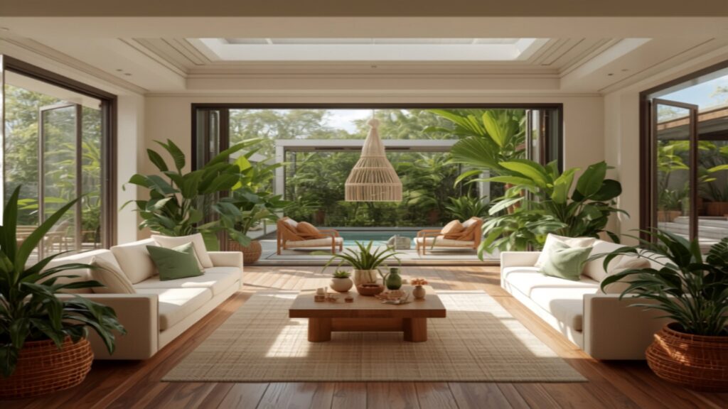 Helles Wohnzimmer voller Zimmerpflanzen, Glasfront mit Blick auf Terrasse und Pool
