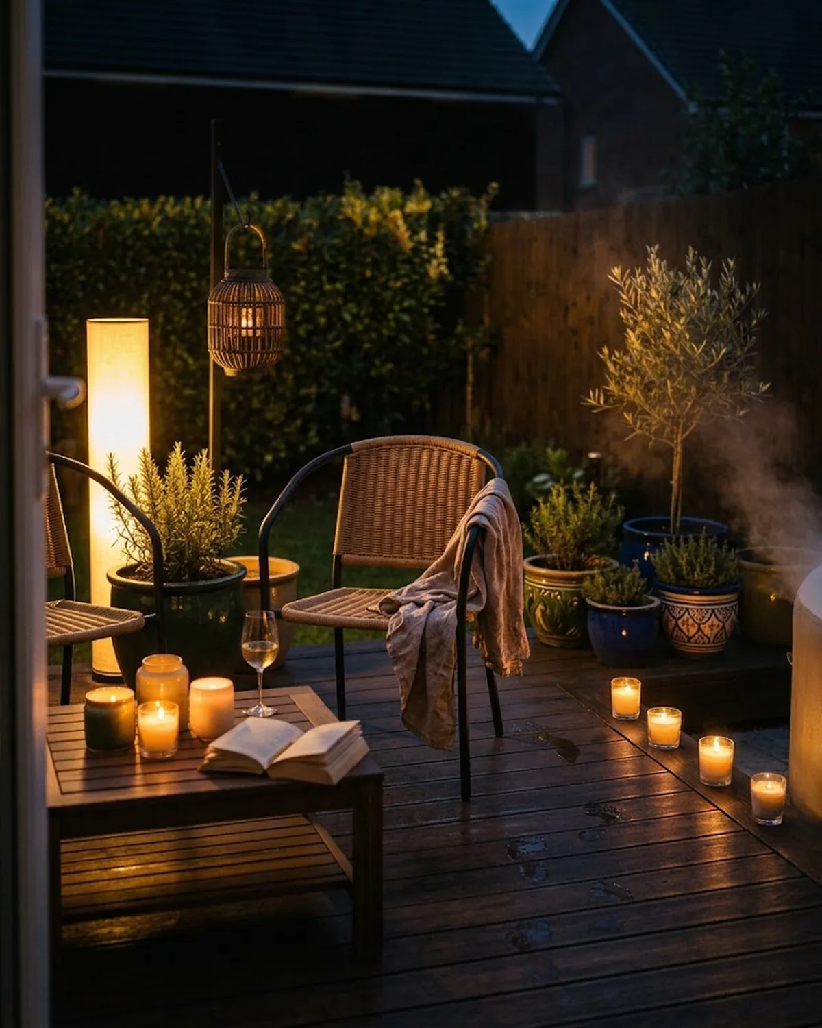Kleine Holzterrasse bei Nacht, Kerzen und eine warm leuchtende Stehlampe, ein Glas Wein und ein aufgeschlagenes Buch
